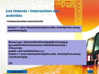Les Intents : Interaction des
activités
Communication interactivité
Intent i = new Intent(ActivityOne.this, ActivityTwo.class);
startActivity(i);
Button go= (Button)findViewById(R.id.buttgo);
go.setOnClickListener(new OnClickListener() {
@Override
public void onClick(View v) {
Intent i = new Intent(ActivityOne.this, ActivityTwo.class);
startActivity(i);
}});
20Saber LAJILI
 