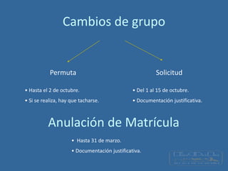 Cambios de grupo
Permuta Solicitud
• Hasta el 2 de octubre.
• Si se realiza, hay que tacharse.
• Del 1 al 15 de octubre.
• Documentación justificativa.
Anulación de Matrícula
• Hasta 31 de marzo.
• Documentación justificativa.
 
