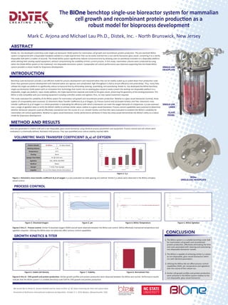 The BIOne benchtop single-use bioreactor system for mammalian
cell growth and recombinant protein production as a
robust model for bioprocess development
Distek, Inc. has developed a benchtop scale single-use bioreactor (SUB) system for mammalian cell growth and recombinant protein production. The pre-sterilized BIOne
system is engineered with a disposable headplate welded to a triple-layered liner that can be easily inserted into a non-sterile bioreactor glass vessel, converting it to a sterile,
disposable SUB within a matter of seconds. The Distek BIOne system significantly reduces turnaround time by allowing users to seamlessly transition to a disposable platform
while utilizing their existing capital equipment, without compromising the scalability of their current process. In this study, mammalian cultures were conducted by using
either the Distek BIOne system or the traditional, non-disposable bioreactor system. Comparable cell culture performance was observed supporting that the Distek BIOne
system provides a robust model for bioprocess development.
Benchtop scale bioreactors provide a cost efficient model for process development and characterization that can be readily scaled-up or scaled-down from production scale.
Given that upstream process development and characterization are rigorous and complicated, high-throughput is vital to ensure efficiency and avoid delays. Thus, many have
utilized the single-use platform to significantly reduce turnaround time by eliminating cleaning, assembling, and autoclaving. Distek Inc. has developed the BIOne benchtop
single-use bioreactor (SUB) system with an innovative liner technology that inserts into an existing glass vessel to easily convert the existing non-disposable platform to a
disposable, single-use platform. Upon media addition, the triple-layered liner expands and molds to the glass vessel, preserving the geometry of the existing bioreactor. The
BIOne is fully compatible with your existing equipment including controller, probes and agitator, thus, no new capital investment required.
This study evaluated the suitability of the BIOne system for mammalian cell growth and recombinant protein production. Relative to a glass vessel bioreactor (control), three
aspects of comparability were assessed: (1) Volumetric Mass Transfer Coefficient (kL
a) of Oxygen, (2) Process Control and (3) Growth Kinetics and Titer. Volumetric mass
transfer coefficient (kL
a) of oxygen is a critical parameter in evaluating the efficiency with which a bioreactor can meet the oxygen demands of a bioprocess. kL
a was assessed
over a range of agitation rates to verify the BIOne’s ability to achieve similar values relative to a glass vessel bioreactor. Process control capabilities were assessed to determine
whether bioreactor setpoints could be effectively maintained over the course of a run. Growth kinetics and final titer were evaluated to establish the BIOne’s suitability for
mammalian cell culture applications. Relative to a glass vessel bioreactor, similar performance attributes in these key areas would demonstrate the BIOne’s utility as a robust
model for bioprocess development.
Mark C. Arjona and Michael Lau Ph.D., Distek, Inc. - North Brunswick, New Jersey
ABSTRACT
INTRODUCTION
We would like to thank Dr. Sarwat Khattak and her team at BTEC of NC State University for their cell culture data.
Presented at BioProcess International Conference & Exposition, October 5-7, 2016 (Boston, Massachusetts, USA)
METHOD AND RESULTS
Data was generated in a BIOne SUB and a non-disposable, glass vessel bioreactor using identical process parameters and equipment. Process control and cell culture were
evaluated in a chemically-defined, fed-batch CHO process. Titer was quantified once culture viability reached ≥80%.
CONCLUSION
1.	The BIOne system is a suitable benchtop-scale SUB
for mammalian cell growth and recombinant
protein production, effectively eliminating the time
and costs associated with cleaning and autoclaving
non-disposable bioreactor vessels.
2.	The BIOne is capable of achieving similar kL
a values
as non-disposable, glass vessel bioreactors when
run with identical parameters.
3.	Utilizing the BIOne did not affect process control
capabilities (%DO, pH, temperature and agitation)
over the course of the culture run.
4.	Similar cell growth profiles and protein production
were achieved in the BIOne system relative to the
non-disposable, glass vessel bioreactor.
Figures 6 thru 8 - CHO growth and protein production. Similar growth profiles and protein production were observed between the BIOne and control. Performance results
indicate that the BIOne system is a suitable benchtop-scale SUB for CHO growth and protein production.
GROWTH KINETICS & TITER
0.0
1.0
2.0
3.0
4.0
5.0
6.0
7.0
8.0
9.0
10.0
0 1 2 3 4 5 6 7
ViableCellDensity
(x106cells/mL)
Day
BIOne
Control
Figure 6. Viable Cell Density
0
10
20
30
40
50
60
70
80
90
100
0 1 2 3 4 5 6 7
Viability
(%)
Day
BIOne
Control
Figure 7. Viability
0.0
0.2
0.4
0.6
0.8
1.0
1.2
BIOne Control
NormalizedTiter
Figure 8. Normalized Titer
Figures 2 thru 5 - Process control. Similar % dissolved oxygen (%DO) and pH were observed between the BIOne and control. BIOne effectively maintained temperature and
agitation setpoints. Utilizing the BIOne does not adversely affect process control capabilities.
Figure 1. Volumetric mass transfer coefficient (kL
a) of oxygen. kL
a was evaluated via static gassing-out method. Similar kL
a values were observed in the BIOne and glass
vessel control.
PROCESS CONTROL
VOLUMETRIC MASS TRANSFER COEFFICIENT (kL
a) of OXYGEN
0
20
40
60
80
100
120
0 1 2 3 4 5 6 7
DissolvedOxygen
(%)
Day
BIOne DO Control DO
Setpoint = 50%
Figure 2. Dissolved Oxygen
6.0
6.2
6.4
6.6
6.8
7.0
7.2
7.4
7.6
7.8
8.0
0 1 2 3 4 5 6 7
pH
Day
BIOne pH Control pH
Setpoint = pH 7.0
Deadband = 6.70 - 7.30
Setptt oint = pH 7.0
Figure 3. pH
31
33
35
37
39
41
43
0 24 48 72 96 120 144 168
Temperature
(°C)
Time (hours)
BIOne Temperature
Setpoint = 37°C
Figure 4. BIOne Temperature
0
25
50
75
100
125
150
175
200
225
250
0 24 48 72 96 120 144 168
AgitaƟon
(rpm)
Time (hours)
BIOne AgitaƟon
Setpoint = 125 rpm
Figure 5. BIOne Agitation
GLASS
VESSEL
SINGLE-USE
LINER
SINGLE-USE
HEADPLATE
2.0
1.7
2.0
2.4
4.1
3.8
0.0
0.5
1.0
1.5
2.0
2.5
3.0
3.5
4.0
4.5
5.0
3L Glass 3L Glass 3L Glass
Vessel Vessel Vessel
150 rpm 300 rpm 450 rpm
2L BIOne 2L BIOne 2L BIOne
kLa(hr-1)
Figure 1. kL
a
Culture Vessels 2L BIOne 3L Glass Vessel
Working Volume 1.7L
Temperature 37°C
Overlay None
Sparger Flow Rates Air @ 0.05 vvm
Agitation 150, 300 & 450 RPM
Medium Water
Sparger 7-Hole, Flute Sparger
Impeller 45 mm Pitch Blade (Vortex Orientation)
BIOne
SINGLE-USE HEADPLATE
 