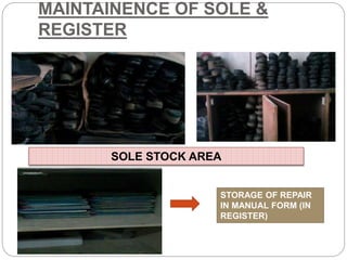 MAINTAINENCE OF SOLE &
REGISTER
SOLE STOCK AREA
STORAGE OF REPAIR
IN MANUAL FORM (IN
REGISTER)
 