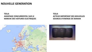 TESLA
AVANTAGE CONCURRENTIEL SUR LE
MARCHE DES VOITURES ELECTRIQUES
TESLA
ACTEUR IMPORTANT DES NOUVELLES
SOURCES D’ENERGIE DE DEMAIN
NOUVELLE GENERATION
 