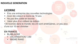LICORNE
 Etre une entreprise des nouvelles technologies
 Avoir été créée il a moins de 10 ans
 Ne pas être cotée en bourse
 Valoir plus d’un milliard de dollars
130 licornes dans le monde. les 2/3 sont américaines, un peu plus
d'une sur 10 est chinoise
EN FRANCE
 BLABLACAR
 VALORISATION:1,4M
 68EME RAND
NOUVELLE GENERATION
 