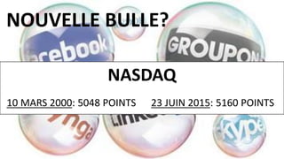 NOUVELLE BULLE?
NASDAQ
10 MARS 2000: 5048 POINTS 23 JUIN 2015: 5160 POINTS
 