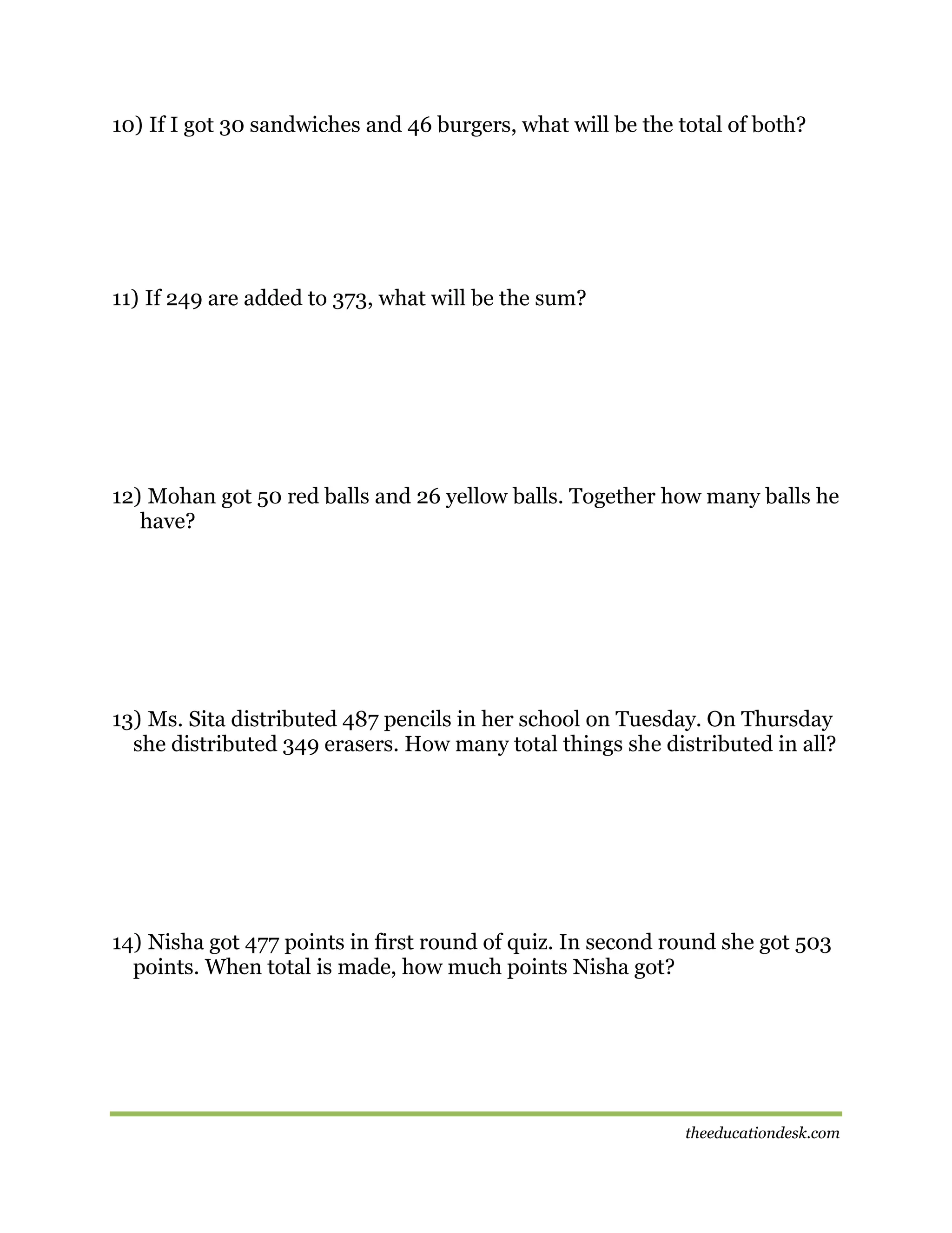 10) If I got 30 sandwiches and 46 burgers, what will be the total of both?

11) If 249 are added to 373, what will be the sum?

12) Mohan got 50 red balls and 26 yellow balls. Together how many balls he
have?

13) Ms. Sita distributed 487 pencils in her school on Tuesday. On Thursday
she distributed 349 erasers. How many total things she distributed in all?

14) Nisha got 477 points in first round of quiz. In second round she got 503
points. When total is made, how much points Nisha got?

theeducationdesk.com

 
