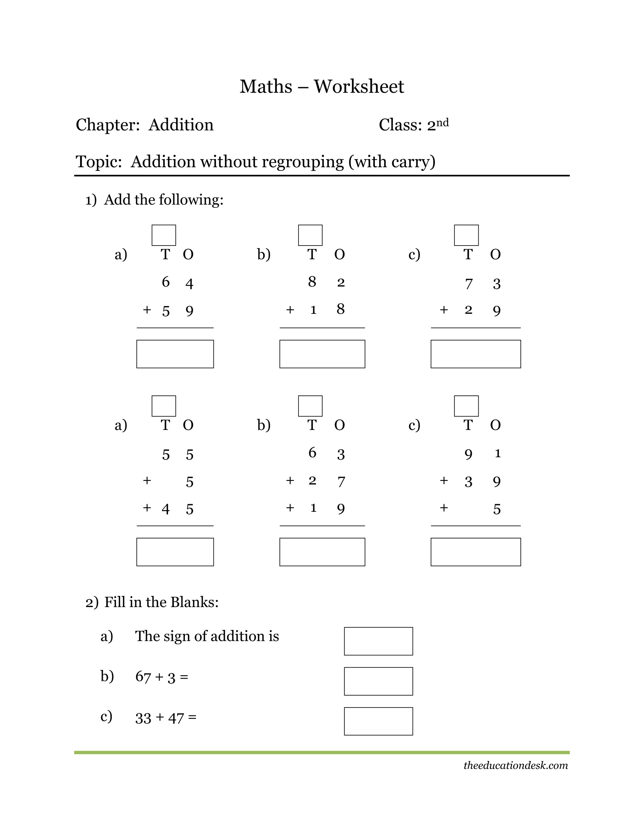 Maths – Worksheet
Chapter: Addition

Class: 2nd

Topic: Addition without regrouping (with carry)
1) Add the following:

a)

T O

T

O

8

2

1

8

T

O

5

6

3

+

5

+ 2

7

+

+ 4

5

+

9

+

6

4

+ 5

b)

9

a)

T O
5

+

b)

1

c)

T
7
2

9

O

9

c)

3

T

+

O

1

3

9
5

2) Fill in the Blanks:
a)

The sign of addition is

b)

67 + 3 =

c)

33 + 47 =
theeducationdesk.com

 