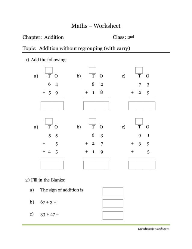 maths addition worksheet cbse grade ii