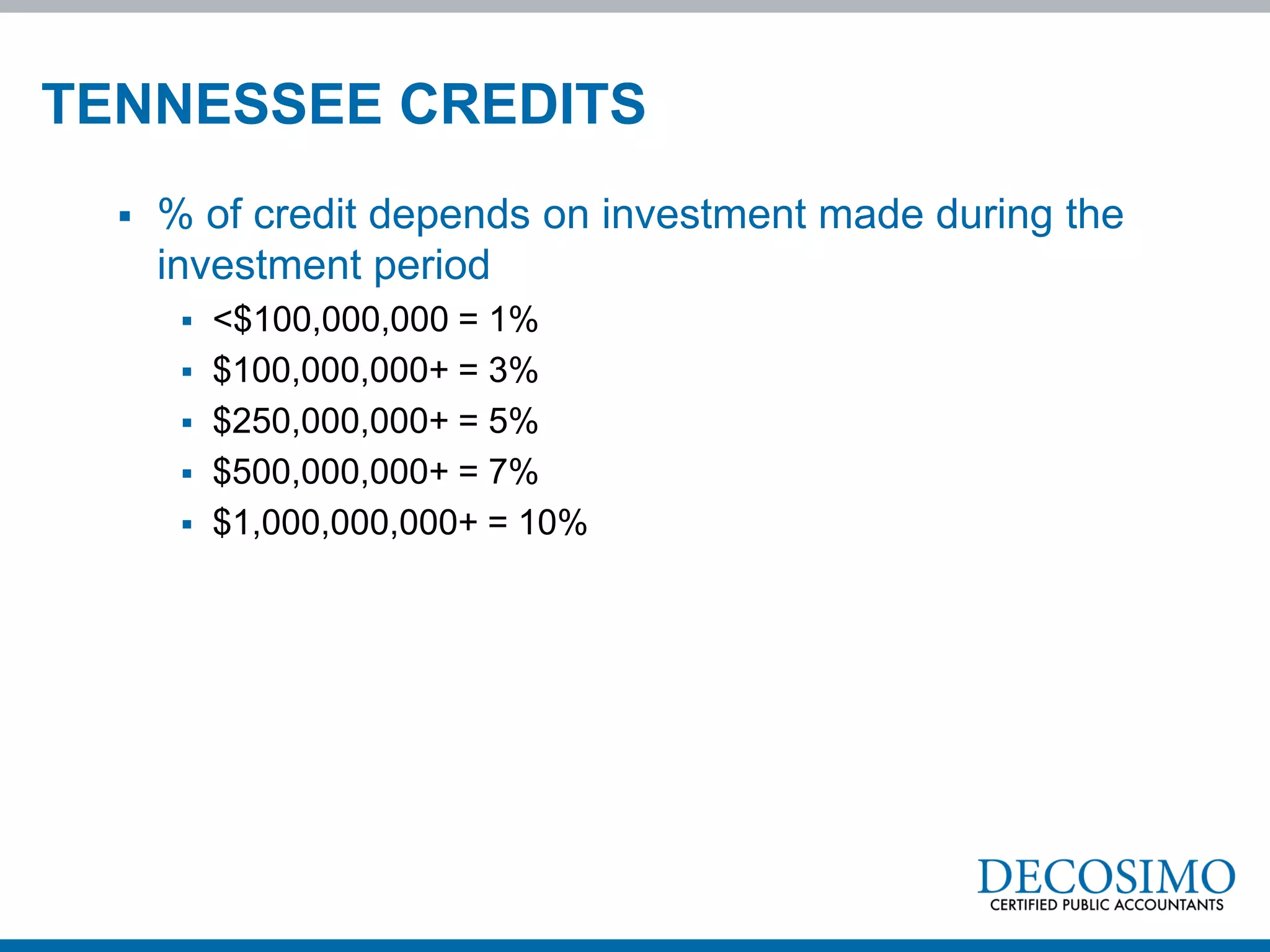 TENNESSEE CREDITS
     % of credit depends on investment made during the
      investment period
          <$100,000,000 = 1%
          $100,000,000+ = 3%
          $250,000,000+ = 5%
          $500,000,000+ = 7%
          $1,000,000,000+ = 10%
 