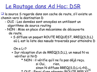 Le Routage dans Ad Hoc: DSR
 la source S regarde dans son cache de route, s’il existe un
chemin vers la destination D
  - OUI : Les données sont envoyées en untilisant un
    algorithme de source routing
  - NON : Mise en place d’un mécanisme de découverte
     de route.
      + S diffuse un paquet ROUTE REQUEST, RREQ(S,D,L)
        où L est la liste des nœuds traversés pour atteindre D

        On a L=?
       + Sur réception d’un de RREQ(S,D,L), un nœud N va
         vérifier si N=D
              * NON : il vérifie qu’il ne l’a pas déjà reçu.
                       si Oui,       rien,
                       sinon N diffuse RREQ(S,D,L=L+N).
                                                             26
 