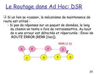 Le Routage dans Ad Hoc: DSR
 Si un lien se «casse», le mécanisme de maintenance de
route est utilisé :
  - Si pas de réponses sur un paquet de données, le long
    du chemin on tente n fois de retransmettre. Au bout
    de n une erreur est détectée et répercutée : Envoi de
     ROUTE ERROR (RERR [lien]).
                                     RERR [J-D]

          S       E          F         J


              C          G       K           D




                                                      39
 