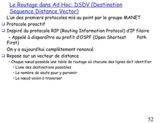 Le Routage dans Ad Hoc: DSDV (Destination
   Sequence Distance Vector)
  L’un des premiers protocoles mis au point par le groupe MANET
 Protocole proactif
 Inspiré du protocole RIP (Routing Information Protocol) d’IP filaire
   – Appelé à disparaître au profit d’OSPF (Open Shortest      Path
  First)
  On y a aujourd’hui complètement renoncé
 Repose sur un vecteur de distance
   – Chaque nœud possède une table de routage où chacune des lignes doit identifier
      • L’une des destinations possibles
      • Le nombre de sauts pour y parvenir
      • Le nœud voisin à traverser




                                                                                 52
 