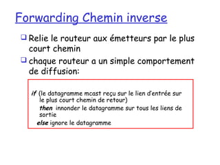 Forwarding Chemin inverse
 Relie le routeur aux émetteurs par le plus
  court chemin
 chaque routeur a un simple comportement
  de diffusion:

  if (le datagramme mcast reçu sur le lien d’entrée sur
     le plus court chemin de retour)
     then innonder le datagramme sur tous les liens de
     sortie
    else ignore le datagramme
 