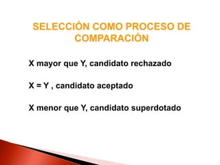 X mayor que Y, candidato rechazado
X = Y , candidato aceptado
X menor que Y, candidato superdotado
SELECCIÓN COMO PROCESO DE
COMPARACIÓN
 