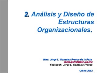 2. Análisis y Diseño de
Estructuras
Organizacionales.

Mtro. Jorge L. González-Franco de la Peza
jorge.gofra@leon.uia.mx
Facebook: Jorge L. González-Franco
Otoño 2012

 