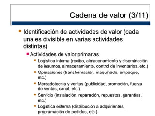 Cadena de valor (3/11)
 Identificación

de actividades de valor (cada
una es divisible en varias actividades
distintas)


Actividades de valor primarias
 Logística

interna (recibo, almacenamiento y diseminación
de insumos, almacenamiento, control de inventarios, etc.)
 Operaciones (transformación, maquinado, empaque,
etc.)
 Mercadotecnia y ventas (publicidad, promoción, fuerza
de ventas, canal, etc.)
 Servicio (instalación, reparación, repuestos, garantías,
etc.)
 Logística externa (distribución a adquirientes,
programación de pedidos, etc.)

 