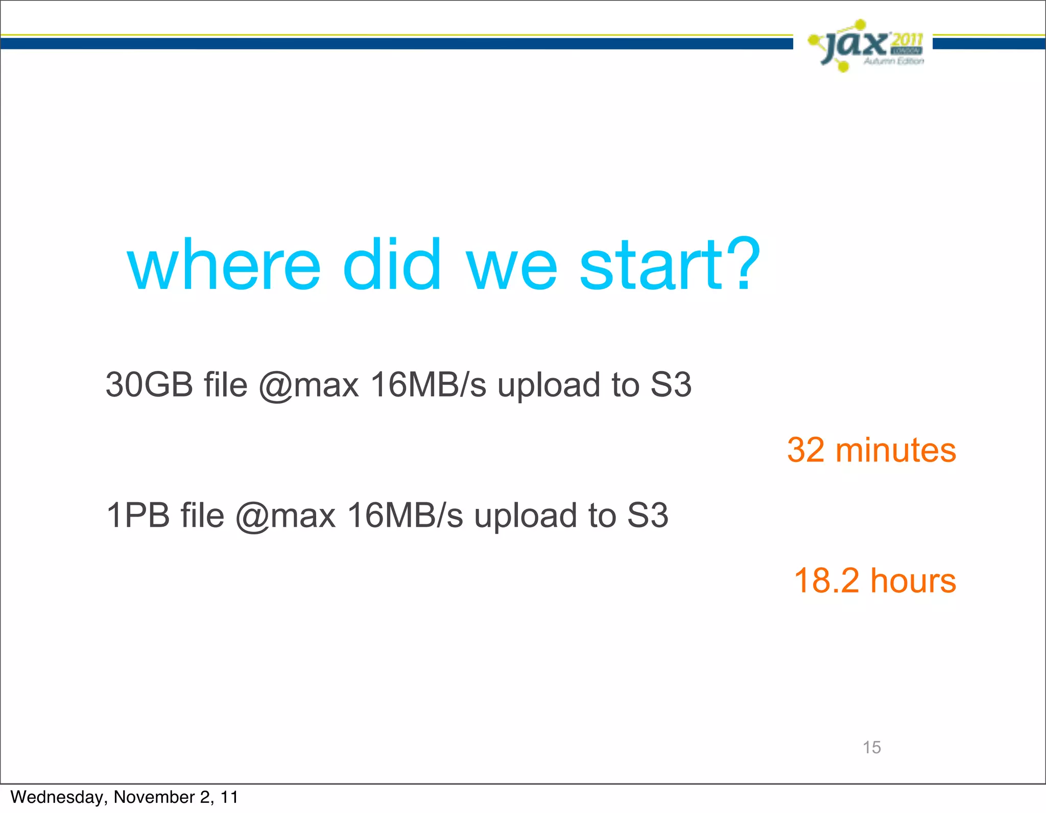 where did we start?
          30GB file @max 16MB/s upload to S3
                                               32 minutes
          1PB file @max 16MB/s upload to S3
                                               18.2 hours



                                                   15

Wednesday, November 2, 11
 