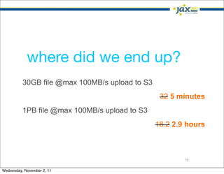 where did we end up?
          30GB file @max 100MB/s upload to S3
                                                 32 5 minutes
          1PB file @max 100MB/s upload to S3
                                                18.2 2.9 hours



                                                        16

Wednesday, November 2, 11
 
