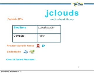 Portable APIs


               BlobStore          LoadBalancer


               Compute            Table


       Provider-Specific Hooks

       Embeddable


      Over 30 Tested Providers!


                                                 4

Wednesday, November 2, 11
 