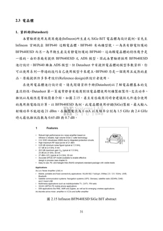 31
2.3
1. (Datasheet)
(Infineon) SiGe BJT
Infineon BFP640 BFP640
BFP640ESD BFP640
BFP640ESD ADS BFP640ESD
BFP640 ADS Datasheet
BFP640
(Reference design)
(Datasheet)
Datasheet
2.15
BFP640ESD (SiGe)
21 dBm 6 mA 1.5 GHz 2.4 GHz
0.65 dB 0.7 dB
2.15 Infineon BFP640ESD SiGe BJT abstract
 
