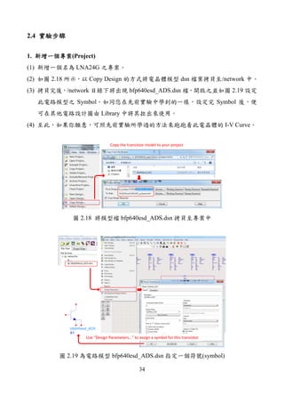 34
2.4
1. (Project)
(1) LNA24G
(2) 2.18 Copy Design dsn /network
(3) /network bfp640esd_ADS.dsn 2.19
Symbol Symbol
Library
(4) I-V Curve
Copy the transistor model to your project
2.18 bfp640esd_ADS.dsn
bfp640esd_ADS
X1
Use “Design Parameters…” to assign a symbol for this transistor
2.19 bfp640esd_ADS.dsn (symbol)
 