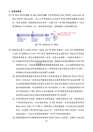 41
4.
(1) Bias_MinNF.dsn Bias_MinNF.dds Bias_MinNF_choose.dsn
Bias_MinNF_choose.dds
2.30 IBB
IBBstep
VAR
VAR2
Z0=50
VCEstep=0.2 V
VCEmax=4 V
VCEmin=0 V
IBBstep=1 uA
IBBmax=30 uA
IBBmin=0 uA
Eqn
Var
Rload=50
IBB=0 A
DC
DC1
Step=VCEstep
Stop=VCEmax
Start=VCEmin
SweepVar="VCE"
DC
ParamSweep
Sweep2
SimInstanceName[4]=
SimInstanceName[3]=
SimInstanceName[2]=
SimInstanceName[1]="SP1"
SweepVar="VCE"
PARAMETER SWEEP
ParamSweep
Sweep1
SweepVar="IBB"
SimInstanceName[1]="Sweep2"
SimInstanceName[2]="DC1"
SimInstanceName[3]=
SimInstanceName[4]=
PARAMETER SWEEP
Simulating with finer
step and range.
2.30 I-V
(2) 2.31 NFmin Pgain_assc MAG VCE
3 IC 6.12 mA VCE IC NFmin
(a) 20 mW 18.89 mW
(
) 16 mW
(b) ( IC NFmin
) NF
NF NF
NF 1.5 dB NF
1.5 dB NF
NF
(c)
( ) 15 dB
Pgain_assoc 15 dB
Pgain_assoc MAG
NF
(d) Smith Chart
 