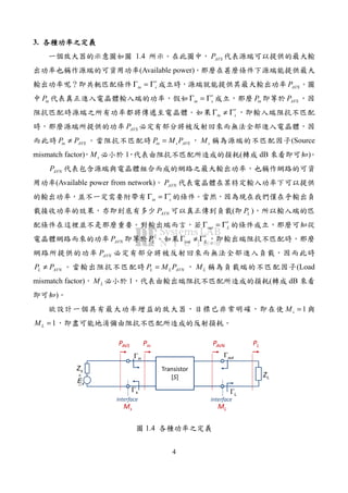 4
3.
1.4 AVSP
(Available power)
in s
∗
Γ = Γ AVSP
inP in s
∗
Γ = Γ inP AVSP
in s
∗
Γ ≠ Γ
AVSP
in AVSP P≠ in s AVSP M P= sM (Source
mismatch factor) sM 1 ( dB )
AVNP
(Available power from network) AVNP
in s
∗
Γ = Γ
AVNP ( LP )
out L
∗
Γ = Γ
AVNP LP out L
∗
Γ ≠ Γ
AVNP
L AVNP P≠ L L AVNP M P= LM (Load
mismatch factor) LM 1 ( dB
)
1sM =
1LM =
Transistor
[S]+
−sE
sZ
LZ
PAVNPAVS PLPin
Ms
interface interface
ML
inΓ
sΓ
outΓ
LΓ
1.4
 