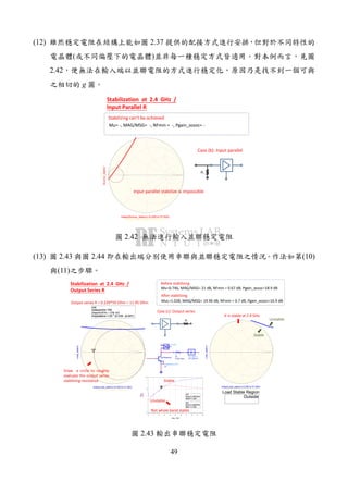 49
(12) 2.37
( )
2.42
g
indep(Source_stabcir) (0.000 to 51.000)
Source_stabcir
indep(rhos) (0.000 to 2000.000)
rhos
2R
Case (b): Input parallel
Input parallel stabilize is impossible
Mu= -, MAG/MSG= -, NFmin = -, Pgain_assoc= -
Stabilization at 2.4 GHz /
Input Parallel R
Stabilizing can’t be achieved
2.42
(13) 2.43 2.44 (10)
(11)
m4
indep(m4)=
rhos=0.614 / -179.141
impedance = Z0 * (0.239 - j0.007)
755
indep(Load_stabcir) (0.000 to 51.000)
Load_stabcir
indep(rhos) (0.000 to 2000.000)
rhos
m4
m4
indep(m4)=
rhos=0.614 / -179.141
impedance = Z0 * (0.239 - j0.007)
755
Output series R = 0.239*50 Ohm = 11.95 Ohm
3R
Case (c): Output series
R
R1
R=20 Ohm
DC_Block
DC_Block2
bf p640esd_ADS
X1
BFP640ESD
I_Probe
IC
Mu=0.746, MAG/MSG= 21 dB, NFmin = 0.67 dB, Pgain_assoc=18.9 dB
MuL=1.028, MAG/MSG= 19.96 dB, NFmin = 0.7 dB, Pgain_assoc=16.9 dB
indep(Load_stabcir) (0.000 to 51.000)
Load_stabcir
indep(rhos) (0.000 to 2000.000)
rhos
Outside
Load Stable Region
1 2 3 4 5 6 7 8 90 10
1
-1
2
freq, GHz
MuS
m3
MuL
m4
m3
freq=
MuS=1.024
2.400GHz
m4
freq=
MuL=1.028
2.400GHz
Unstable
Stable
Stable
Unstable
Stabilization at 2.4 GHz /
Output Series R
Draw a circle to roughly
evaluate the output series
stabilizing resistance
Before stabilizing
After stabilizing
Not whole band stable
It is stable at 2.4 GHz
2.43
 