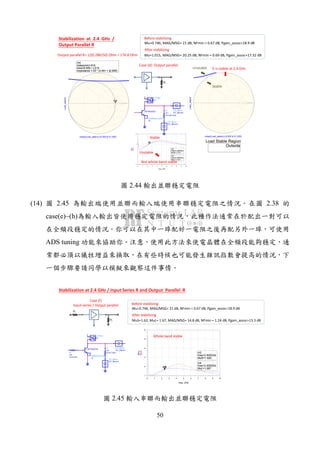50
m4
indep(m4)=
rhos=0.555 / 1.014
impedance = Z0 * (3.491 + j0.099)
616
indep(Load_stabcir) (0.000 to 51.000)
Load_stabcir
indep(rhos) (0.000 to 2000.000)
rhos
m4
m4
indep(m4)=
rhos=0.555 / 1.014
impedance = Z0 * (3.491 + j0.099)
616
Output parallel R= 1/(0.286/50) Ohm = 174.8 Ohm
Mu=0.746, MAG/MSG= 21 dB, NFmin = 0.67 dB, Pgain_assoc=18.9 dB
4R
Case (d): Output parallel
Mu=1.015, MAG/MSG= 20.25 dB, NFmin = 0.69 dB, Pgain_assoc=17.32 dB
R
R1
R=140 Ohm
DC_Block
DC_Block3
DC_Block
DC_Block2
bf p640esd_ADS
X1
BFP640ESD
I_Probe
IC
indep(Load_stabcir) (0.000 to 51.000)
Load_stabcir
indep(rhos) (0.000 to 2000.000)
rhos
Outside
Load Stable Region
Stable
Unstable
1 2 3 4 5 6 7 8 90 10
1
-1
2
freq, GHz
MuS
m3
MuL
m4
m3
freq=
MuS=1.012
2.400GHz
m4
freq=
MuL=1.015
2.400GHz
Unstable
Stable
Before stabilizing
After stabilizing
Stabilization at 2.4 GHz /
Output Parallel R
Not whole band stable
It is stable at 2.4 GHz
2.44
(14) 2.45 2.38
case(e)~(h)
ADS tuning
1R
4R
Case (f)
Input series / Output parallel
MuS=1.62, MuL= 1.67, MAG/MSG= 14.8 dB, NFmin = 1.24 dB, Pgain_assoc=13.3 dB
1 2 3 4 5 6 7 8 90 10
2
3
4
5
1
6
freq, GHz
MuS
m3
MuL
m4
m3
freq=
MuS=1.620
2.400GHz
m4
freq=
MuL=1.667
2.400GHz
R
R1
R=47 OhmR
R2
R=9 Ohm
DC_Block
DC_Block3
DC_Block
DC_Block2
bf p640esd_ADS
X1
BFP640ESD
I_Probe
IC
Mu=0.746, MAG/MSG= 21 dB, NFmin = 0.67 dB, Pgain_assoc=18.9 dB
Before stabilizing
After stabilizing
Stabilization at 2.4 GHz / Input Series R and Output Parallel R
Whole band stable
2.45
 