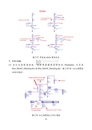 58
MLIN
TL5
R
R24
R
R25
bfp640esd_ADS
X10
BFP640ESD
MRSTUB
Stub1
bfp640esd_ADS
X8
BFP640ESD
R
R21
R
R20
MLIN
TL1
C
C3
bfp640esd_ADS
X9
BFP640ESD
R
R23
R
R22
MLIN
TL3
MLOC
TL2
L
L1
R=
R
R18
R
R19
bfp640esd_ADS
X7
BFP640ESD
RF Chokes
Inductor as RF choke
λ/4 transmission line
as RF choke
RF short
RF bypass
RF open
RF open
λ/4 transmission line
as RF choke
λ/4 open stub
RF short
RF open
Radial open stub
RF short
RF open
RF open
2.57 choke
7. LNA
(1) Datadisplay
Bias_MinNF_Matching.dsn Bias_MinNF_Matching.dds 2.58
S_Param
SP1
Freq=
CalcNoise=yes
Step=50 MHz
Stop=3 GHz
Start=2 GHz
S-PARAMETERS
VAR
VAR1
Z0=50
Rload=50
VCC=3.3 V
Eqn
Var
Options
Options1
Tnom=25
Temp=16.85
OPTIONS
DC
DC1
Step=
Stop=
Start=
SweepVar=
DC
DC_Block
DC_Block2
DC_Block
DC_Block1
Term
Term1
Z=50 Ohm
Num=1
R
R4
R=96 kOhm
R
R2
R=1 kOhm
C
C2
C=27 pF
R
R1
R=800 Ohm
C
C1
C=27 pF
I_Probe
IB
R
R3
R=50 Ohm
L
L1
R=
L=18 nH
V_DC
SRC1
Vdc=VCC
I_Probe
IC
bfp640esd_ADS
X1
BFP640ESD
Term
Term2
Z=50 Ohm
Num=2
Stabilizing Ckt
Voltage feedback biasing
Use VCC
Here, we use a 3.3
V supply voltage Sweep from 2 GHz ~ 3 GHz
2.58 LNA
 