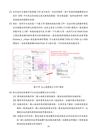 59
(2) 2.58
ADS ADS
(3) 2.58 2.59
2.4 GHz~2.5 GHz
1.2 dB 18 dB ~ 17.8 dB Smith Chart
(Sopt )
(Gamma_L_wSopt ) 2 GHz 3 GHz 1 GHz
Smith Chart
m1
freq=
NFmin=1.203725
2.400000GHz
2.1 2.2 2.3 2.4 2.5 2.6 2.7 2.8 2.92.0 3.0
1.190
1.195
1.200
1.205
1.210
1.215
1.185
1.220
freq, GHz
NFmin,dB
m1
m1
freq=
NFmin=1.203725
2.400000GHz
2.1 2.2 2.3 2.4 2.5 2.6 2.7 2.8 2.92.0 3.0
16.4
16.6
16.8
17.0
17.2
17.4
17.6
17.8
18.0
16.2
18.2
freq, GHz
dB(S21)
2.1 2.2 2.3 2.4 2.5 2.6 2.7 2.8 2.92.0 3.0
-23.0
-22.8
-22.6
-22.4
-23.2
-22.2
freq, GHz
dB(S12)
m5
freq=
MAG=18.937
2.400GHz
2.1 2.2 2.3 2.4 2.5 2.6 2.7 2.8 2.92.0 3.0
18.2
18.4
18.6
18.8
19.0
19.2
18.0
19.4
freq, GHz
MAG,dB
m5
m5
freq=
MAG=18.937
2.400GHz
MinimumNoise Figure versus frequencyTransistordB(S21) versus frequency
Maximum Available(Stable) Gain versus frequency
dB(S12) versus frequency
m2
freq=
Pgain_assoc=17.981
2.400GHz
2.1 2.2 2.3 2.4 2.5 2.6 2.7 2.8 2.92.0 3.0
17.2
17.4
17.6
17.8
18.0
18.2
18.4
17.0
18.6
freq, GHz
Pgain_assoc
m2
m2
freq=
Pgain_assoc=17.981
2.400GHz
Associated PowerGain (input matched for NFmin,
output then conjugately matched) versus frequency
Eqn M AG=m ax _gain(S) Maximumavailable(stable) gain at all frequencies
Eqn frequency =SP.freq
Eqn Gam m aS_all_freq=s m _gamm a1(S)
Eqn
Gam m aL_all_freq=s m _gamm a2(S)
Eqn Zopt=zopt(Sopt,Z0)
Eqn Zload_wSopt=z opt(c onj(S_22p),Z0)
Eqn K=stab_fac t(S)
Eqn Pgain_as s oc=pwr_gain(S,z opt(Sopt,Z0),z opt(c onj(S_22p),Z0),Z0)
Eqn S_22p=S22+(S12*S21*Sopt)/(1-S11*Sopt)
Eqn Gam m aL_wSopt=conj(S_22p)
S-parameters at the bias point specified by marker fm.
Source impedance for minimum noise figure
Stability factor at all frequencies
Zsource and Zload are the source and load impedances to present to
the device for simultaneous conjugate matching. These are not defined
and return 0 if K<1.
S_22p : reflection looking into the output of the device,
when the source is optimal for minimumnoise figure.
GammaL_wSopt is the complex conjugate of S22_p, and
is the optimal load reflection coefficient when Sopt is the source
reflection coefficient. Zload_wSopt is the corresponding impedance.
Simultaneous conjugate match source and load reflection coefficients
at bias point m3. These are not defined and return 0 if K<1.
Transducer powergain with the source reflection coefficient Sopt forminimumnoise figure, and the load
then conjugately matched. zopt()is just used to convert a reflection coefficient to an impedance.
Eqn
Zsource=s m_z 1(S,Z0)
Eqn Zload=s m _z2(S,Z0)
Optimumreflection coefficient(impedance)for minimum noise at all frequencies
Output Conjugately Matching Impdeance Calculation (when input is noise matched)
Input/Output Simultaneously Conjugate Matched (input is NOTnoise matched)
m11
freq=
Sopt=0.171 / 138.227
impedance =Z0 * (0.755 + j0.178)
2.400GHz
m12
freq=
GammaL_wSopt=0.171 / 52.058
impedance =Z0 * (1.185 + j0.329)
2.450GHz
freq (2.000GHz to 3.000GHz)
Sopt
m11
GammaS_all_freq
GammaL_all_freq
GammaL_wSopt
m12
m11
freq=
Sopt=0.171 / 138.227
impedance =Z0 * (0.755 + j0.178)
2.400GHz
m12
freq=
GammaL_wSopt=0.171 / 52.058
impedance =Z0 * (1.185 + j0.329)
2.450GHz
Optimal Source Reflection Coefficients for MininumNF,Simultaneous Conjugate Matching,
and Load Reflection Coefficientfor Simultaneous Conjugate Matching,and with source
matched for NFmin
Note: if the device (orcircuit) is unstable at the bias point, the simultaneous conjugate matching impedances
are undefined and GammaL_at_bias_pt and GammaS_at_bias_pt default to 0. Also, MAG is set equal to the
maximum stable gain, |S21|/|S12|.
Gamma_S (NFmin)
Gamma_L when NFmin
fm1
indep(fm1)=
plot_vs([0::sweep_size(frequency)-1],frequency)=8.000000
2.400000G
2.1E9 2.2E9 2.3E9 2.4E9 2.5E9 2.6E9 2.7E9 2.8E9 2.9E92.0E9 3.0E9
0.0
1.0E6
frequenc y
fm1
fm1
indep(fm1)=
plot_vs([0::sweep_size(frequency)-1],frequency)=8.000000
2.400000G
Eqn MuL=mu(S)
m3
freq=
MuS=1.050
2.400GHz
m4
freq=
MuL=1.073
2.400GHz
2. 1 2. 2 2. 3 2. 4 2. 5 2. 6 2. 7 2. 8 2. 92. 0 3. 0
1. 04
1. 05
1. 06
1. 07
1. 08
1. 09
1. 03
1. 10
freq, GHz
MuS
m3
MuL
m4
m3
freq=
MuS=1.050
2.400GHz
m4
freq=
MuL=1.073
2.400GHz
Eqn MuS=mu_prime(S)
m9
freq=
dB(S(1,1))=-8.693
2.400GHz
2.1 2.2 2.3 2.4 2.5 2.6 2.7 2.8 2.92.0 3.0
-9.0
-8.8
-8.6
-8.4
-8.2
-8.0
-9.2
-7.8
freq, GHz
dB(S11)
m9
m9
freq=
dB(S(1,1))=-8.693
2.400GHz
dB(S11)versus frequency
m10
freq=
dB(S(2,2))=-18.825
2.500GHz
2.1 2.2 2.3 2.4 2.5 2.6 2.7 2.8 2.92.0 3.0
-19.6
-19.4
-19.2
-19.0
-18.8
-18.6
-18.4
-18.2
-18.0
-19.8
-17.8
freq, GHz
dB(S22)
m10
m10
freq=
dB(S(2,2))=-18.825
2.500GHz
dB(S22)versus frequency
m11
freq=
Sopt=0.171 / 138.227
impedance = Z0 * (0.755 + j0.178)
2.400GHz
m12
freq=
GammaL_wSopt=0.171 / 52.058
impedance = Z0 * (1.185 + j0.329)
2.450GHz
freq (2.000GHz to 3.000GHz)
Sopt
m11
GammaS_all_freq
GammaL_all_freq
GammaL_wSopt
m12
m11
freq=
Sopt=0.171 / 138.227
impedance = Z0 * (0.755 + j0.178)
2.400GHz
m12
freq=
GammaL_wSopt=0.171 / 52.058
impedance = Z0 * (1.185 + j0.329)
2.450GHz
Gamma_S (NFmin)
Gamma_L when NFmin
NFmin
Sweep from 2 GHz ~ 3 GHz :
The optimum noise point and the corresponding
Gamma_L are close to 50 Ohm.
2.59 LNA
(4)
[A]
[B]
[C]
[D]
 