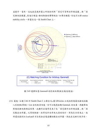 63
− source
stability circle Smith Chart
GammaS
indep(GammaS)=
rhos=-0.45577 + j0.18782
impedance = 17.56757 + j8.71721
486
indep(rhos) (0.000 to 2000.000)
rhos
GammaS
gain=18.937
gain=17.937
gain=16.937
gain=15.937
cir_pts (0.000 to 51.000)
GAcircles
indep(GammaLopt) (486.000 to 486.000)
GammaLopt
ns figure=1.404ns figure=1.604ns figure=1.804
Noise_circles
(0.000 to 0.000)
Sopt[fm1]
GammaLopt_NFmin
GammaS
indep(GammaS)=
rhos=-0.45577 + j0.18782
impedance = 17.56757 + j8.71721
486
NF at GammaS (dB)
NF_at_GammaS
1.4718
Zsource2
17.5676 + j8.7172
Source Impedance at GammaS
zin(GammaLopt,Z0[fm1])
57.1651 + j46.3908
Optiomal Load Impedance at GammaS Transducer Power Gain (dB)
Gtrans_power
18.7382
(C) Matching Condition for Arbitray GammaS
Gamma_S (NFmin)
Gamma_L when NFmin
2.65 GammaS ( )
(11) 2.66 Smith Chart 2 GP GPcircles
( ) List GammaL
Loal-pull
 