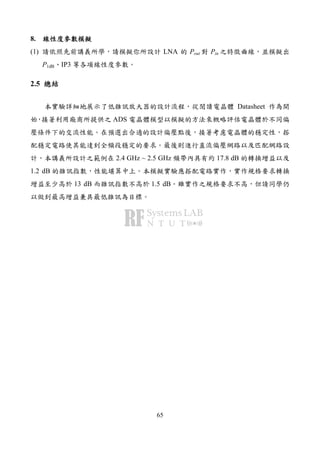 65
8.
(1) LNA Pout Pin
P1dB IP3
2.5
Datasheet
ADS
2.4 GHz ~ 2.5 GHz 17.8 dB
1.2 dB
13 dB 1.5 dB
 
