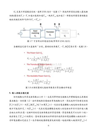 6
AG LNA 1.7
( sΓ ) sΓ outΓ outΓ
( L out
∗
Γ = Γ )
1E
oZ
oZ
Transistor
oG
Output
matching
LG
Input
matching
sG
sΓ LΓoutΓ
1.7 ( LNA )
sΓ LΓ [ ]S 1.8
2
2
212 2
22
11
1 1
L
p
in L
G S
S
− Γ
=
− Γ − Γ
• The Power Gain Gp
• The Transducer Power Gain GT
2 2 2 2
2 2
21 212 2 2 2
22 11
1 1 1 1
1 1 1 1
s L s L
T
s in L s out L
G S S
S S
− Γ − Γ − Γ − Γ
= =
− Γ Γ − Γ − Γ − Γ Γ
• The Available Power Gain GA
2
2
212 2
11
1 1
1 1
s
A
s out
G S
S
− Γ
=
− Γ − Γ
1.8
5.
1
1.2
<1sΓ <1LΓ inΓ outΓ 1inΓ <
inP 1outΓ <
( 1 )
1inΓ >
( 1outΓ >
 