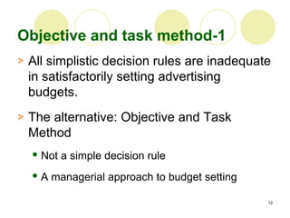 Objective and task method-1 <ul><li>All simplistic decision rules are inadequate in satisfactorily setting advertising bud...