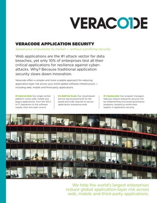 It’s End-to-End: Our single central
platform covers web, mobile and
legacy applications, from the SDLC
to IT operations to the software
supply chain and open source.
It’s Built for Scale: Our cloud-based
service was purpose-built for the
speed and scale required to secure
applications enterprise-wide.
VERACODE APPLICATION SECURITY
Speed your innovations to market — without sacrificing security
We help the world’s largest enterprises
reduce global application-layer risk across
web, mobile and third-party applications.
Web applications are the #1 attack vector for data
breaches, yet only 10% of enterprises test all their
critical applications for resilience against cyber-
attacks. Why? Because traditional application
security slows down innovation.
Veracode offers a simpler and more scalable approach for reducing
application-layer risk across your entire global software infrastructure —
including web, mobile and third-party applications.
It’s Systematic: Our program managers
help you reduce enterprise security risk
by implementing structured governance
programs, backed by world-class
experts in application security.
 
