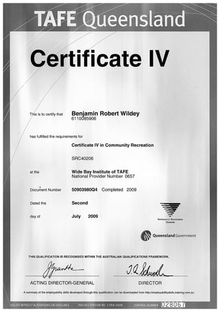 Certificate IV in Community Recreation SRC40206 TAFE Jul 2009