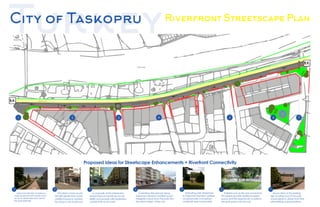 Proposed Ideas for Streetscape Enhancements + Riverfront Connectivity
Parklets such as this one across from
the bizarre provide additional green
space and the opportunity to extend
the park system into the city
Extending park streelamps
to Suleyman Demirel Caddesi
would provide conceptual
continuity and connectivity
A crosswalk at this intersection
would improve handicap acces-
siibilty and provide safe pedestrian
connectivity to the park
Suleyman Demirel Caddesi is a
wide boulevard with ample room
for an on-street bike lane next to
the park sidewalk
This street corner would
benefit greatly from some
additional space created
by using a curb bump-out
A planting strip placed along
Suleyman Demirel Caddesi would
integrate nature from the park into
the urban fabric of the city
1 2 3
Re-location of this existing
sign to either end of the park
would signal to drivers that they
are entering a special place
74 5 6
↕
1 2 3 65 74
Suleyman Demirel Caddesi
Gok Irmak
↕
sidewalk = 1.8m
bike lane = 2m
planting strip + bump-outs = 4m
↕
↕
 