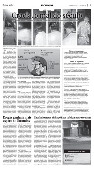 Araguaína-TO, 1º a 30 de junho 3
Crack , o mal do século
drogas ganham mais
espaço notocantins
Circulaçãocresceefaltapolíticaspúblicasparaocombate
Veja São Paulo
os becos que antes solitários agora são ocupados pelos usuários.E pessoas de todas as idades e gênero entram nessa sem conseguir sair...
Jornal Líder SOCIEDADE
F
uncionária pública
federal. Profissional
de carreira com a
vida estável e tran-
quila, como conta a nossa
personagem que prefere não
ser identificada, e que cha-
maremos de Maris. Sua vida
mudou, hoje aos 35 anos e
aparentando 50, vaga pela
região de Araguaína conhe-
cida como Feirinha. Ela per-
deu tudo por conta do crack.
Assim como ela, Daiane
Paula Silva tinha uma vida
normal, com sua família no
Pará. Há dez anos se viciou
em crack e agora se prostitui
na Feirinha para manter o
vício. Sua filha, não sabe o
que é ter um lar estruturado,
com o companheirismo e a
união de uma família.
Há seis anos Joelson Cha-
ves Borges também deixou
sua família no Maranhão
e tornou-se um zumbi do
crack na região da Feirinha,
também conhecida como
cracolândia. A história dele
se confunde com a do jovem
de 19 anos, Washington da
Silva Leal, que aos 13 come-
çou a usar maconha e agora,
vive da prática de roubos e
furtos para manter seu vício
em crack.
São vários os casos de
pessoas que perderam
tudo, seu lar, o amor pró-
prio, sua vida, para viverem
da ilusão do prazer que o
crack falsamente propicia.
De acordo com uma pes-
quisa da FIOCRUZ - Funda-
ção Oswaldo Cruz publica-
da em 2014, até aquele ano,
havia no Brasil 370 mil usu-
ários regulares dependen-
tes do crack. No entanto,
alguns estudiosos calculam
que este número hoje seja
até três vezes maior.
Morte anunciada
Um em cada três usuários
de crack morre nos primei-
ros cinco anos de consumo
da droga, segundo estudo da
Unifesp. Veja as principais
causas da morte.
Crack
No Tocantins, principal-
mente em Araguaína, a droga
mais comercializada é o cra-
ck. Ela vicia de forma rápida,
em dois tragos, o usuário já
sente o desejo e a angustia
por consumir mais, uma vez
que ele é inalado. Esse cresci-
mento tem alarmado a socie-
dade e aumentado os índices
de atos de violência contra o
patrimônio e a vida humana.
Surgido nos Estados Uni-
dos, o crack é grosso modo a
cocaína em pedra, para ser fu-
mada em cachimbos ou latas.
Ao ser tragada a droga atinge
os pulmões e entra na cor-
rente sanguínea instantanea-
mente, chegando ao cérebro
em menos de dez segundos,
ao contrário da cocaína em
pó, que leva cerca de dez mi-
nutos para fazer o trajeto. “Ao
tragar, o barato é instantâneo.
E, para piorar, curto”, conta o
psiquiatra Jorge César Gomes
de Figueiredo, da clínica Vitó-
ria, em Embu, a 30 quilôme-
tros da capital. “Você sempre
quer mais e mais”, confirma
Gabriel Mori, há pouco mais
de três anos “limpo” — termo
usado pelos viciados para de-
finir os abstinentes. Morador
doButantã,Mori,26anos,em-
presário,éoretratodarealida-
de ainda pouco conhecida no
universo do crack.
A história de Mori foi bem
sucedida, diferente da jovem
tocantinense, de família rica,
que hoje tem 24 anos e se
prostitui para consumir dro-
gas. Aos 17 anos ela começou
a usar crack por influência de
amigos e um ex-namorado.
Aos 20 foi internada em uma
clínica para tratamento. Fi-
cou dois anos. Após isso vol-
tou para sua família pensando
estar curada, mas se reapro-
ximou das antigas amizades
e seu desejo pelo crack foi
maior, a ponto de abandonar
a família e morar na rua. En-
gravidou, sua família tomou a
criança e agora faz programas
por 50 reais e até menos para
manter o vício.
A jovem conta que usou
a primeira vez para “fazer
parte da turma, diversão”.
Mas que começou a gastar
o patrimônio da família. Seu
maior sonho era largar as
drogas, cuidar do filho e vol-
tar para sua casa. “ A droga
é mais forte do que eu. Não
consigo me livrar e sei que
meu futuro é a morte, mas
preciso usar”, revela.
Seja por curiosidade para
saber os efeitos, por influencia
de colegas, ou simplesmen-
te para fugir da realidade, em
busca de um prazer momen-
tâneo preenchendo um vazio,
muitas pessoas buscam o cra-
ck ou outras drogas. Um enga-
no que destrói e leva na maio-
ria dos casos a um caminho
sem volta. Quem pensa que
essa é uma realidade distante,
que sequer poderá bater a sua
porta, está enganado. De acor-
do com um policial que estuda
os craqueiros em Araguaína e
que prefere não ser identifica-
do, as drogas estão nos locais
mais improváveis e de fácil
acesso. “Uma festinha da tur-
ma da escola, na faculdade, na
saída da igreja, em um ponto
de leitura, os distribuidores de
drogas estão presentes e seu
esquema de entrega por meio
dos aviões dificulta o flagrante
a ser feito pela polícia”, expli-
cou o profissional.
Ainda segundo este poli-
cial, a grande preocupação
da Polícia em Araguaína hoje
é com o alto índice de homi-
cídios resultantes da rivalida-
de por partes dos chefes do
tráfico de drogas em relação
aos espaços e locais de ven-
das de entorpecentes. “Infe-
lizmente não temos o efeito
e aparato necessário para
combater o tráfico e vemos
a cada dia mais assassinatos
em função da drogas”.
O policial explica ainda que
no mundo das drogas há suas
próprias regras, sendo uma
delas, a do recebimento do pa-
gamento pelo entorpecente
fornecido. “O traficante tem
certeza de que vai receber,
porque se não houve o paga-
mento, ele mata o usuário para
que assim sirva de exemplo.
E infelizmente em Araguaína
há muitas mortes por conta
disso”, comentou.
Na visão do policial, o po-
der público precisa agir ur-
gente no trabalho de recupe-
ração desses usuários, uma
vez que eles para compra-
rem o crack são capazes de
qualquer coisa como roubar,
causar lesões corporais, até
crimes contra a vida para ad-
quirir recursos e meios para
comprar e consumir.
A circulação da droga
já avança pelo interior do
Estado, atingindo assim
até os menores municípios,
que não contam com estru-
tura adequada para com-
bater os males provocados
pelo entorpecente. A proli-
feração da droga foi iden-
tificada pelo Observatório
do Crack e outras drogas,
da CNM - Confederação
Nacional de Municípios.
Divulgado no final do
ano passado, o resultado da
pesquisa aponta que dos 139
municípios do Tocantins, 72
afirmaram possuir a circula-
ção de crack.
Destes, 26 gestores mu-
nicipais falaram que o nível
de consumo do crack é alto,
26 avaliaram como baixo,
sendo que 44 classificaram
como médio e um não iden-
tificou o nível de inserção.
Para a CNM, outro dado
preocupante é a quantidade
de cidades que não instala-
ram os conselhos munici-
pais antidrogas e os CAPS
- Centros de Atenção Psicos-
social para realizar o aten-
dimento aos usuários. Em
muitos municípios, como
em Araguaína, segunda
maior cidade do Estado, os
usuários tem atendimen-
to precário, e pouquíssimos
tem acesso.
Mais de 80% dos usu-
ários perambulam pelas
ruas e praças da cidade,
mendigando trocados para
adquirir a pedra. Pontos
de venda não faltam na ci-
dade, e ao contrário, estão
espalhados pelos quatro
cantos. A maior dificulda-
de da polícia é identificar
quem é usuário e quem é
traficante. Nas imediações
da “feirinha” , nas proxi-
midades da vila cearense e
AraguaÍna Sul, são pontos
mais críticos.
Araguaína, apesar da ca-
pacidade econômica e den-
sidade eleitoral, ainda não
recebeu dos poderes consti-
tuídos, uma casa de apoio e
tratamento de drogas. No fi-
naldestemêsaPrefeiturapu-
blicou o edital para licitação
da empresa que irá construir
o centro de reabilitação.
A OMS – Organização
Mundial de Saúde já reco-
nheceu que o uso de drogas
não é apenas crime, e sim
uma doença, porque pro-
voca dependência química.
42% foi o crescimento da procura de dependentes de crack pelo PROAD - Programa de Orientação
e Atendimento a Dependentes da Universidade Federal de São Paulo (Unifesp) entre 2005 e 2009
Números que assustam
O governo federal promete investir 90 milhões de reais
para dobrar de 2 500 para 5. 000 o número de leitos para
dependentes químicos em hospitais do SUS.
O preço médio de uma pedra pequena, de
aproximadamente cinco gramas e suficiente para três
tragadas é de 10 reais.
Efeitos no organismo
Boca: Porta de entrada da droga sofre com queimaduras,
inflamações na gengiva, cáries e perda de dentes.
Sistema digestivo: Como o organismo passa
a trabalhar em função da droga, o dependente não tem
vontade de comer e emagrece muito rápido. Por isso,
fica desnutrido. Úlceras gástricas e diarreias também são
frequentes.
Sistema reprodutor: Quem usa crack fica mais
exposto a comportamentos sexuais de risco. Pesquisa da
Unicamp com 252 usuários de cocaína e crack mostrou
que 20% tinham o vírus HIV e 67% dos entrevistados nunca
usaram preservativo nas relações sexuais. O dependente
pode perder o interesse por sexo ou apresentar impotência.
Dedos: De tanto acender o cachimbo de crack, muitos
queimam os dedos a ponto de deformá-los.
Cérebro: O uso crônico leva a danos cerebrais. A
droga compromete a atenção, a fluência verbal, a memória
e as capacidades de aprendizagem, concentração e
planejamento. Paranoias também são comuns. Se ouve
um barulho, o dependente pode pensar tratar-se de um
helicóptero que o está perseguindo, por exemplo. Surtos
psicóticos, perda de valores éticos e agressividade são
outros comportamentos observados.
Pulmões: São os primeiros órgãos expostos às
substâncias do crack. Tosse por irritação dos brônquios
e chiados no peito podem aparecer dentro de minutos ou
após várias horas de uso. Há casos de edema pulmonar.
Sistema cardiovascular: São comuns sintomas
de taquicardia, aumento da pressão arterial e até arritmias,
especialmente quando a droga é combinada com álcool.
Isso pode levar a um acidente vascular cerebral (AVC) ou a
um infarto agudo do miocárdio, mesmo em pessoas jovens.
Sintomas dos uso de crack
n Alteração na forma de falar
n Euforia
n Olho avermelhado
n Dedos queimados
n Perda de peso
n Agressividade
SaúdexCrime
Antes restrita a indigentes, o crack hoje é consumido por pessoas de todas as classes sociais
 