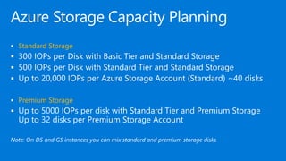 Azure Storage Capacity Planning
 Standard Storage
 300 IOPs per Disk with Basic Tier and Standard Storage
 500 IOPs per Disk with Standard Tier and Standard Storage
 Up to 20,000 IOPs per Azure Storage Account (Standard) ~40 disks
 Premium Storage
 Up to 5000 IOPs per disk with Standard Tier and Premium Storage
Up to 32 disks per Premium Storage Account
Note: On DS and GS instances you can mix standard and premium storage disks
 