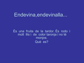 Endevina,endevinalla... És  una  fruita  de  la  tardor. És  rodo  i  molt  llis i  de  color taronja i no té monjos. Què  es? 