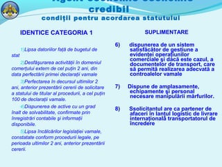 Agent economic economic
credibil
condiţii pentru acordarea statutului
IDENTICE CATEGORIA 1
1)Lipsa datoriilor faţă de bugetul de
stat
2)Desfăşurarea activităţii în domeniul
comerţului extern de cel puţin 2 ani, din
data perfectării primei declaraţii vamale
3)Perfectarea în decursul ultimilor 2
ani, anterior prezentării cererii de solicitare
a statului de titular al procedurii, a cel puţin
100 de declaraţii vamale.
4)Dispunerea de active cu un grad
înalt de solvabilitate, confirmate prin
înregistrări contabile şi informaţii
disponibile.
5)Lipsa încălcărilor legislaţiei vamale,
constatate conform procedurii legale, pe
perioada ultimilor 2 ani, anterior prezentării
cererii.
SUPLIMENTARE
6) dispunerea de un sistem
satisfăcător de gestiune a
evidenţei operaţiunilor
comerciale şi dacă este cazul, a
documentelor de transport, care
să permită realizarea adecvată a
controalelor vamale
7) Dispune de amplasamente,
echipamente şi personal
necesare manipulării mărfurilor.
8) Ssolicitantul are ca partener de
afaceri în lanţul logistic de livrare
internaţională transportatorul de
încredere
 