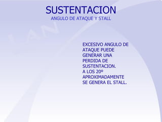SUSTENTACION ANGULO DE ATAQUE Y STALL EXCESIVO ANGULO DE ATAQUE PUEDE GENERAR UNA PERDIDA DE SUSTENTACION.  A LOS 20º APROXIMADAMENTE SE GENERA EL STALL. 