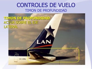 CONTROLES DE VUELO TIMON DE PROFUNDIDAD TIMON DE PROFUNDIDAD ACTUA SOBRE EL EJE LATERAL 