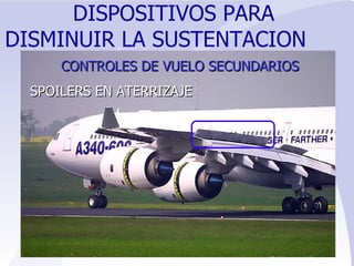 SPOILERS EN ATERRIZAJE DISPOSITIVOS PARA  DISMINUIR LA SUSTENTACION   CONTROLES   DE VUELO SECUNDARIOS 