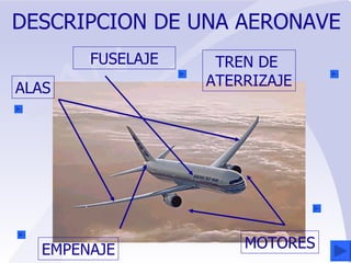 DESCRIPCION DE UNA AERONAVE TREN DE  ATERRIZAJE FUSELAJE MOTORES EMPENAJE ALAS 