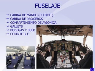 FUSELAJE CABINA DE MANDO (COCKPIT) CABINA DE PASAJEROS COMPARTIMIENTO DE AVIONICA GALLEYS BODEGAS Y BULK COMBUTIBLE 