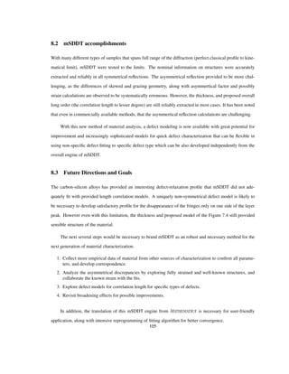 8.2 mSDDT accomplishments
With many different types of samples that spans full range of the diffraction (perfect classical proﬁle to kine-
matical limit), mSDDT were tested to the limits. The nominal information on structures were accurately
extracted and reliably in all symmetrical reﬂections. The asymmetrical reﬂection provided to be more chal-
lenging, as the differences of skewed and grazing geometry, along with asymmertical factor and possibly
strain calculations are observed to be systematically erroneous. However, the thickness, and proposed overall
long order (the correlation length to lesser degree) are still reliably extracted in most cases. It has been noted
that even in commercially available methods, that the asymmertical reﬂection calculations are challenging.
With this new method of material analysis, a defect modeling is now available with great potential for
improvement and increasingly sophsticated models for quick defect characterization that can be ﬂexible in
using non-speciﬁc defect ﬁtting to speciﬁc defect type which can be also developed independently from the
overall engine of mSDDT.
8.3 Future Directions and Goals
The carbon-silicon alloys has provided an interesting defect-relaxation proﬁle that mSDDT did not ade-
quately ﬁt with provided length correlation models. A uniquely non-symmetrical defect model is likely to
be necessary to develop satisfactory proﬁle for the disappearance of the fringes only on one side of the layer
peak. However even with this limitation, the thickness and proposed model of the Figure 7.4 still provided
sensible structure of the material.
The next several steps would be necessary to brand mSDDT as an robust and necessary method for the
next generation of material characterization.
1. Collect more empirical data of material from other sources of characterization to conﬁrm all parame-
ters, and develop correspondence.
2. Analyze the asymmetrical discrepancies by exploring fully strained and well-known structures, and
collaborate the known strain with the ﬁts.
3. Explore defect models for correlation length for speciﬁc types of defects.
4. Revisit broadening effects for possible improvements.
In addition, the translation of this mSDDT engine from is necessary for user-friendly
application, along with intensive reprogramming of ﬁtting algorithm for better convergence.
105
 