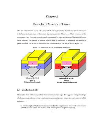 Chapter 2
Examples of Materials of Interest
Thin-ﬁlm heterostructure such as Si/SiGe and Si/Si:C will be presented in this section as part of introduction
to the basic structure in many of the modern-day microelectronics. These types of basic structures are key
components where electronic properties can be manipulated by strain or relaxation of the epitaxial layer(s)
on the substrate. For example, in epitaxial layers of SiGe, it can be used to enhance the hole mobility in
pMOS, while SiC can be used to enhance electron carrier mobility in nMOS type devices (Figure 2.1).
Figure 2.1: Illustrations of NMOS and PMOS respectively
2.1 Introduction of SiGe
The number of the publications on SiGe (Silicon Germanium) is large. The suggested listing of reading is
wholly incomplete and only serve as a starting point, along with pointers in current research interests in SiGe
technology:
• A patent using Schottky barrier diode on a SiGe Bipolar complementary metal oxide semiconductor
(BiCMOS) wafer for 1.0 THz or above cutoff frequency based on epitaxial layer [8]
3
 
