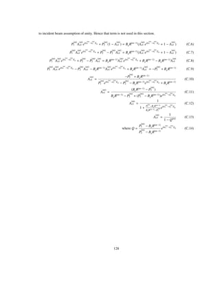 to incident beam assumption of unity. Hence that term is not used in this section.
P
m
1 A
m
o1 ei Ε
m
1 Ε
m
2 lm P
m
2 1 A
m
o1 BeR m 1
A
m
o1 ei Ε
m
1 Ε
m
2 lm 1 A
m
o1 (C.6)
P
m
1 A
m
o1 ei Ε
m
1 Ε
m
2 lm P
m
2 P
m
2 A
m
o1 BeR m 1
A
m
o1 ei Ε
m
1 Ε
m
2 lm 1 A
m
o1 (C.7)
P
m
1 A
m
o1 ei Ε
m
1 Ε
m
2 lm P
m
2 P
m
2 A
m
o1 BeR m 1
A
m
o1 ei Ε
m
1 Ε
m
2 lm BeR m 1
BeR m 1
A
m
o1 (C.8)
P
m
1 A
m
o1 ei Ε
m
1 Ε
m
2 lm P
m
2 A
m
o1 BeR m 1
A
m
o1 ei Ε
m
1 Ε
m
2 lm BeR m 1
A
m
o1 P
m
2 BeR m 1
(C.9)
A
m
o1
P
m
2 BeR m 1
P
m
1 ei Ε
m
1 Ε
m
2 lm P
m
2 BeR m 1
ei Ε
m
1 Ε
m
2 lm BeR m 1
(C.10)
A
m
o1
BeR m 1
P
m
2
BeR m 1
P
m
2 P
m
1 BeR m 1
ei Ε
m
1 Ε
m
2 lm
(C.11)
A
m
o1
1
1
P
m
1 BeR m 1
BeR m 1
P
m
2
ei Ε
m
1 Ε
m
2 lm
(C.12)
A
m
o1
1
1 Q m
(C.13)
where Q
P
m
1 BeR m 1
P
m
2 BeR m 1
ei Ε
m
1 Ε
m
2 lm (C.14)
128
 