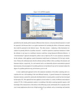 Figure 3.10: LEPTOS snapshot
perturbed from the ideally perfect dynamic diffraction limit; however, in heavily defected materials, it would
be expected to fail because there is no explicit mechanism for including the effects of kinematic scattering
that would be generated in the defective layers. The other extreme – employing a fully kinematical cal-
culation for partially defective crystalline structures – would be expected to experience limitations if either
the substrate or any layers in a multilayer structure would have strong dynamical diffraction behavior. A
“semi-kinematical” approach developed by authors such as Speriosu [70, 71] uses dynamical calculations
for the substrate, while applying a purely kinematical model based on Zachariasen [51] for layer calcula-
tions. Clearly, this method presumes that the substrate and layer diffract solely according to the dynamic and
kinematic theories, respectively. In a real material such as an industrially-relevant semiconductor epitaxial
heterostructure, this presumption of crystalline perfection (or lack thereof) may not be warranted; indeed, the
degree of crystalline perfection may not be known a priori at all.
A more sophisticated approach involves the analytical calculation of the defect scattering and to in-
corporate this into a full modeling of the total diffracted intensity. A general treatment for calculating the
kinematic intensity scattered by statistically distributed defects in nearly perfect crystals has been developed
by Krivoglaz [72]. This approach has been applied in several studies to a variety of different semiconductor
systems [73–76]. A fully quantitative analysis via modeling of the defect scattering typically requires a full
knowledge of the characteristics of the defects in the diffracting crystal; unfortunately this is typically not the
case in many applications-driven uses of high resolution X-ray methods, such as in metrology and materials
22
 