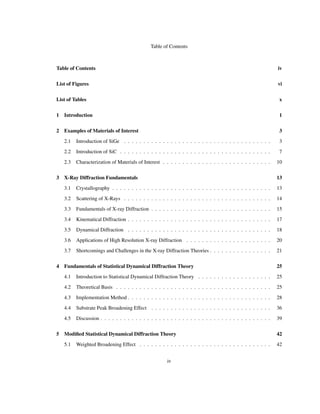 Table of Contents
Table of Contents iv
List of Figures vi
List of Tables x
1 Introduction 1
2 Examples of Materials of Interest 3
2.1 Introduction of SiGe . . . . . . . . . . . . . . . . . . . . . . . . . . . . . . . . . . . . . . 3
2.2 Introduction of SiC . . . . . . . . . . . . . . . . . . . . . . . . . . . . . . . . . . . . . . . 7
2.3 Characterization of Materials of Interest . . . . . . . . . . . . . . . . . . . . . . . . . . . . 10
3 X-Ray Diffraction Fundamentals 13
3.1 Crystallography . . . . . . . . . . . . . . . . . . . . . . . . . . . . . . . . . . . . . . . . . 13
3.2 Scattering of X-Rays . . . . . . . . . . . . . . . . . . . . . . . . . . . . . . . . . . . . . . 14
3.3 Fundamentals of X-ray Diffraction . . . . . . . . . . . . . . . . . . . . . . . . . . . . . . . 15
3.4 Kinematical Diffraction . . . . . . . . . . . . . . . . . . . . . . . . . . . . . . . . . . . . . 17
3.5 Dynamical Diffraction . . . . . . . . . . . . . . . . . . . . . . . . . . . . . . . . . . . . . 18
3.6 Applications of High Resolution X-ray Diffraction . . . . . . . . . . . . . . . . . . . . . . 20
3.7 Shortcomings and Challenges in the X-ray Diffraction Theories . . . . . . . . . . . . . . . . 21
4 Fundamentals of Statistical Dynamical Diffraction Theory 25
4.1 Introduction to Statistical Dynamical Diffraction Theory . . . . . . . . . . . . . . . . . . . 25
4.2 Theoretical Basis . . . . . . . . . . . . . . . . . . . . . . . . . . . . . . . . . . . . . . . . 25
4.3 Implementation Method . . . . . . . . . . . . . . . . . . . . . . . . . . . . . . . . . . . . . 28
4.4 Substrate Peak Broadening Effect . . . . . . . . . . . . . . . . . . . . . . . . . . . . . . . 36
4.5 Discussion . . . . . . . . . . . . . . . . . . . . . . . . . . . . . . . . . . . . . . . . . . . . 39
5 Modiﬁed Statistical Dynamical Diffraction Theory 42
5.1 Weighted Broadening Effect . . . . . . . . . . . . . . . . . . . . . . . . . . . . . . . . . . 42
iv
 